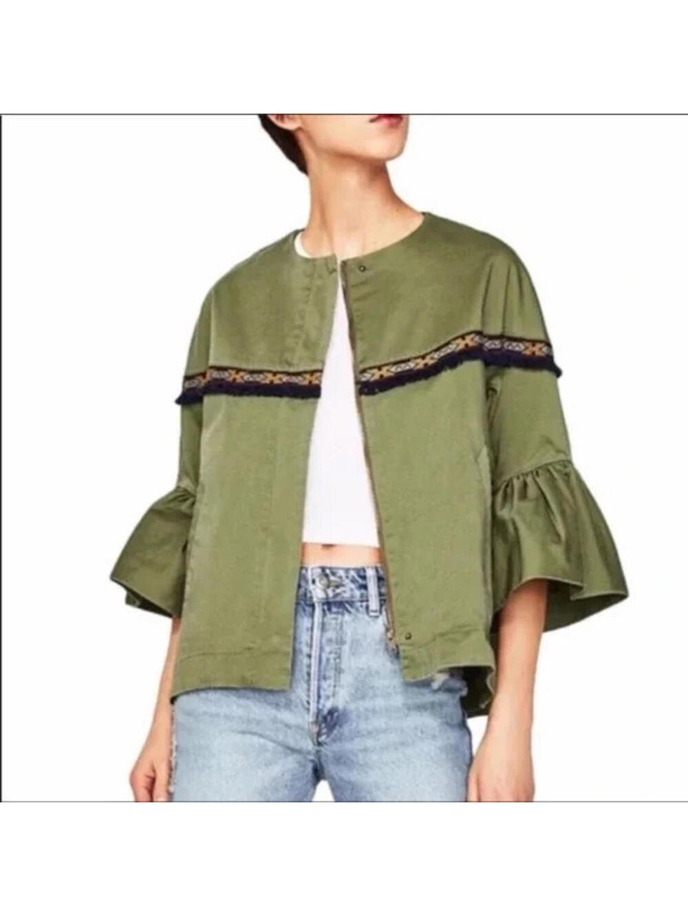 Zara Aztec Embroidered Crop Bell Sleeve Jacket Womens M Boho Green Indie Hippie - Picture 3 of 9